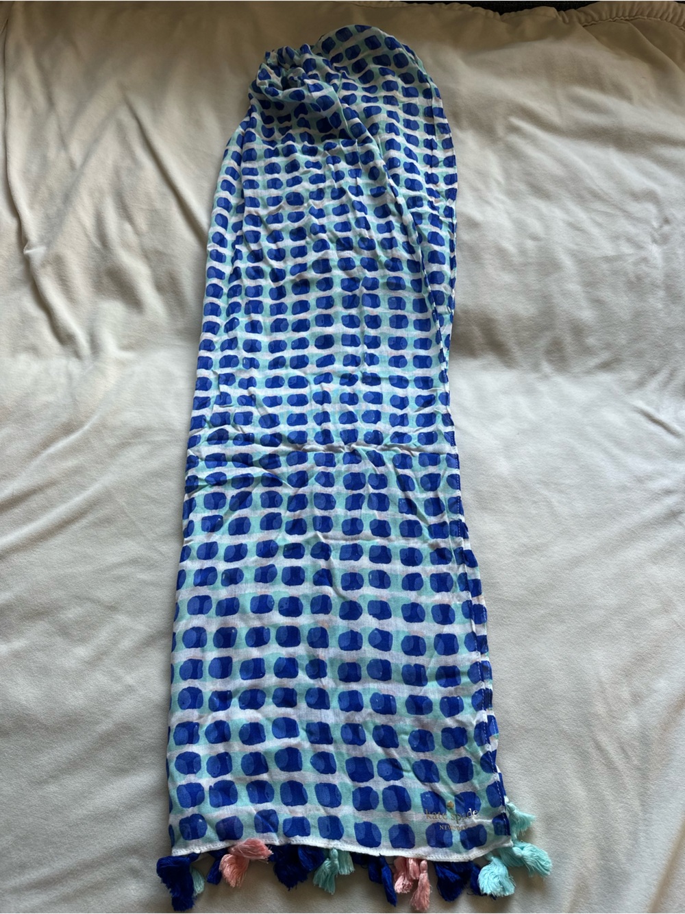 Kate Spade Island Stamp Extra Large scarf with Blue and Pink Tassels